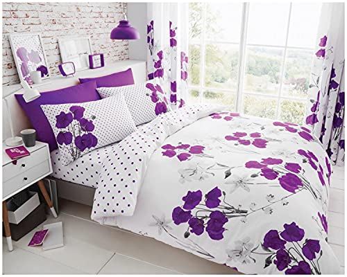 GC GAVENO CAVAILIA Super Soft Floral Duvet Cover Sets with Matching Pillow Case, Reversible Polka Dot Bedding Single Bed Comforter Covers, Aubergine