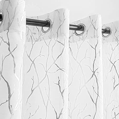 Kotile White Sheer Curtains 84 Inches Long - Printed Classy Silver Tree Branch Curtains for Bedroom Grommet Top Window Tree Curtains for Living Room, 52 x 84 Inch, 2 Panels, Silver and White