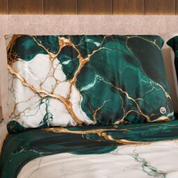 MARBLELIZED – Pair of Pillow Cases for Bed 50 x 80 cm, Printed Front/Back, Pillow Cases, Pair of Elegant Pillowcases with Marble Effect Teal Design, Gift Idea, 100% Made in Italy