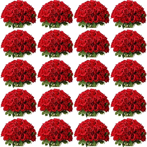 Tigeen 150 Pcs Artificial Rose Flowers Bulk, Fake Silk Roses Realistic Long Stem Flower Bouquets for Wedding Centerpieces Flower Arrangement Valentine's Day Home Party Decor(Red)