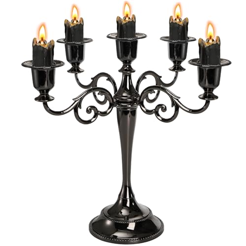 YOUEON 5 Arm Black Candelabra, Candelabra Candle Holder, 26 cm Tall Candlesticks Holder, Elegant Taper Candle Holder Centerpiece for Wedding, Church, Halloween, Dining, Home Decor