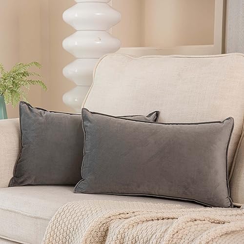 JUSPURBET Decorative Lumbar 12x20 Velvet Throw Pillow Covers Set of 2,Gray - Decorative Soft Solid Pillow Covers,Flange Edge Design,for Couch Bed Sofa Living Room Bedroom,Luxury Modern Home Decor