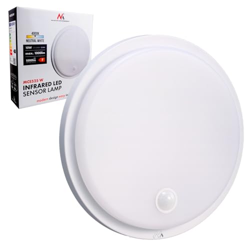Maclean MCE525 LED Light with Motion Sensor - PIR 10 W IP65 Neutral 4000 K 1000 lm Ceiling Light for Outdoor and Indoor with Continuous Operation - Energy Class F (White)