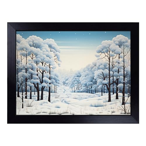 Lap Tray with Bean Bag Cushion, Winter Forest Landscape Op Art - Handmade in the UK, Raised Wooden Edge, Padded Cushion, Heat-Resistant Wipe-Clean Surface, for Meals, Laptops and Crafts