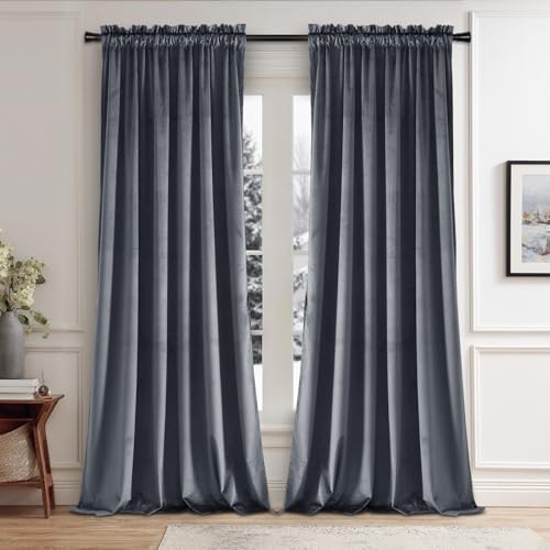 JIUZHEN Dark Grey Velvet Curtains - Thermal Insulated Window Curtains for Bedroom Backdrop, Energy Efficient Panels Drapes for Living Room Sliding Door, 60W x 96L inches, 2 Panels with Tiebacks