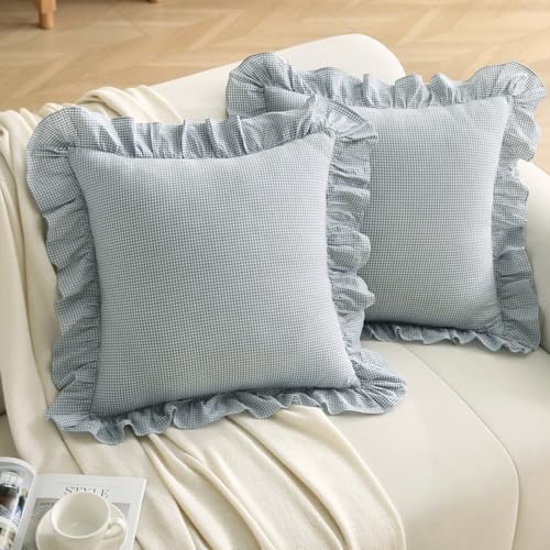 "Silnuo Blue/White Plaid Ruffle Throw Pillow Covers Vintage Checkered Gingham Pillowcases Farmhouse Washed Cotton Pillow Shams for Couch,Sofa,Bed and Living Room-24""x24"""