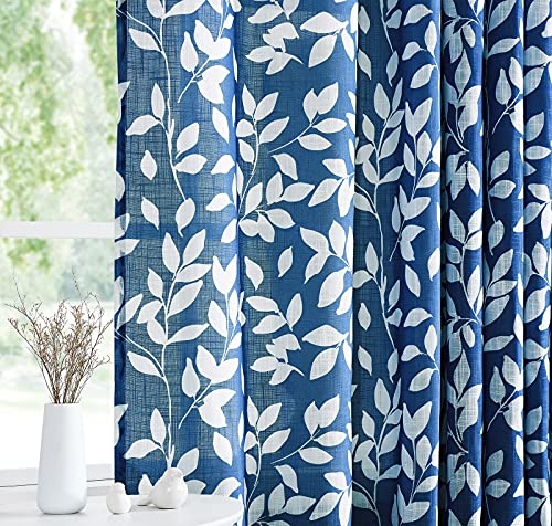 "Treatmentex 2 Pack Navy and White Leaf Print Semi-Sheer Curtains, 52"" W x 54"" L, Grommet Top, Bedroom"