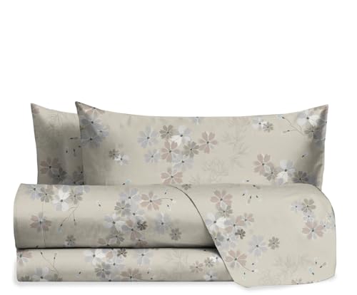 hermet Laura Biagiotti, Set of Double Bed Sheets Cotton, Patterned Bed Set, 100% Cotton, Top Sheet + Fitted Sheet + Pair of Pillowcases, Eris Beige