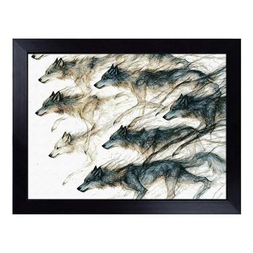 Lap Tray with Bean Bag Cushion, Wolf Art Modern - Handmade in the UK, Raised Wooden Edge, Padded Cushion, Heat-Resistant Wipe-Clean Surface, for Meals, Laptops and Crafts
