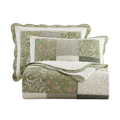 "vctops Farmhouse Green 3 Piece Patchwork Quilted Set Floral Embroidery Cotton Bedding Set Lightweight Reversible Bedspread Coverlet 1 Quilt + 2 Pillow Shams (Green Floral,91""x98"")"