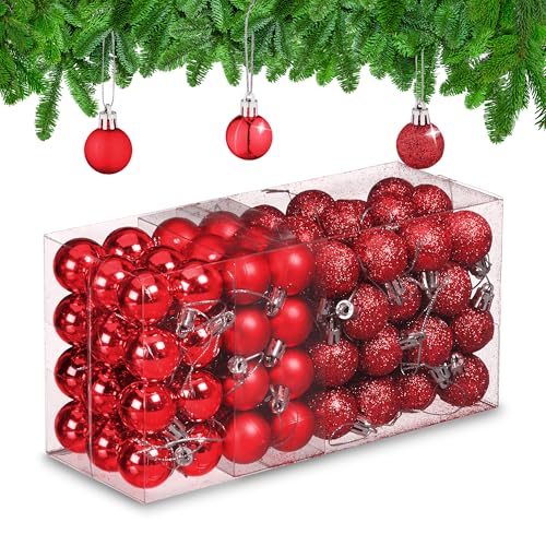 Relaxdays Christmas Baubles Set of 96, Glittering, Matt and Sparkles, Plastic, Traditional Spheres, Decorations, Red, 4 x 3 x 3 cm