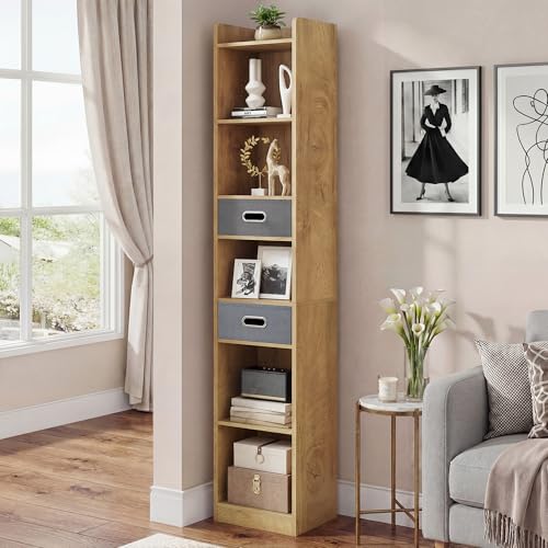 YITAHOME Tall Narrow Bookcase, Thin Corner 5-Tier Bookcase with 2 Fabric Drawers, Freestanding Display Shelf for Living Room, Bedroom, Office, Oak Color, 30W × 24D × 180H CM