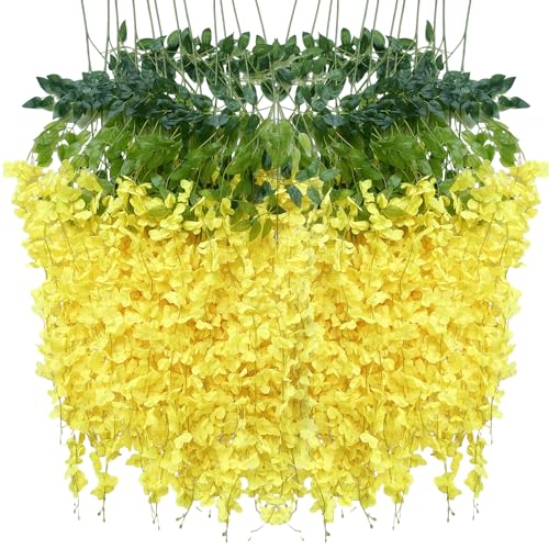 WONICE Artificial Wisteria Hanging Flowers-Fake Wisteria Flower Garland Silk Vines Rattan Decor for Home Wedding Arch Wall Garden Greenery Bedroom Outdoor Office Party Decoration (36, Yellow)