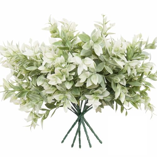 RECUTMS Artificial Plants & Flowers for Outside Outdoor Artificial Flowers Fake Outdoor Plants Faux UV Resistant Flower Plastic Shrubs Indoor Outside Hanging Decorations (White, 6 Bundles)