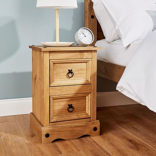 Home Source Corona Distressed Waxed Pine 2 Drawer Petite Bedside Nightstand, Living Room Lamp Table, Natural
