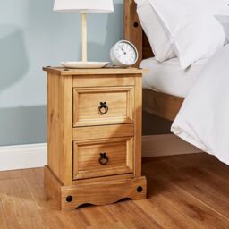 Home Source Corona Distressed Waxed Pine 2 Drawer Petite Bedside Nightstand, Living Room Lamp Table, Natural