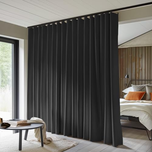 MaKefeile Room Divider Curtains - Total Blackout Privacy Panel, Thermal Insulated Noise Reduction for Bedroom, Living Room, Ceiling Track - W 15ft × H 8ft Black