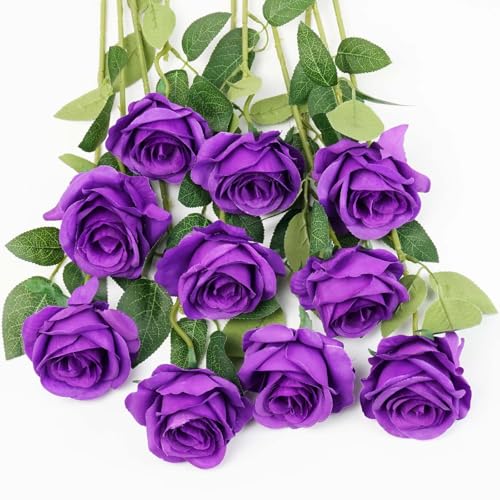 Flojery 10pcs Purple Silk Roses Artificial Rose Flowers Long Stem for DIY Wedding Bouquet Table Centerpiece Home Decor (Purple)