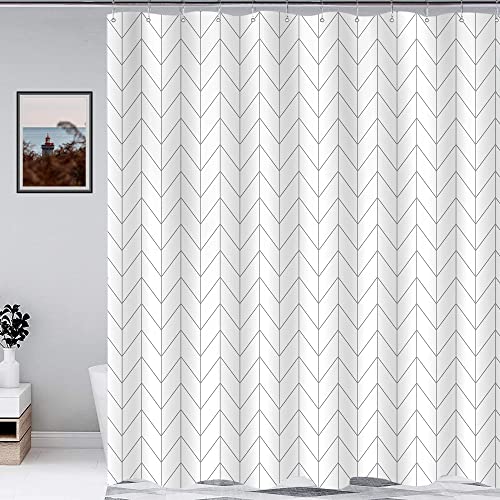 Riyidecor Boho Chevron Herringbone Shower Curtain Black White 60x72 Inch Geometric Striped Simple Modern Classy Neutral Contemporary 12 Pack Hooks Decor Fabric Bathroom Set Polyester Waterproof
