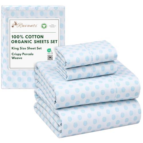 "RUVANTI 100% Organic Cotton Sheets King Size, Percale Weave, GOTS Certified, 4-Piece Set, Deep Pocket 15"", Crisp & Breathable, Soft Durable Bedding, S??banas Algod??n Org??nico ??? Circle Imprint"