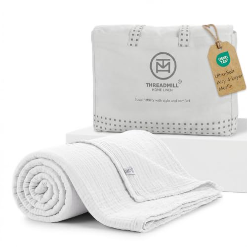 Threadmill Summer Muslin King Size Blanket - 4 Layer 100% Cotton Gauze Blanket - Lightweight, Soft, and Breathable Muslin Blanket for All Seasons - White