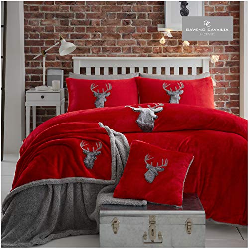 Gaveno Cavailia Teddy Fleece Stag Head Duvet Set Double Red/Charcoal, Super Soft Fluffy Warm Cosy Bedding, 3 Piece Bedset, Easy Care DuvetCover Bedlinen, 1 Quilt Cover and 2 Pillow Cases