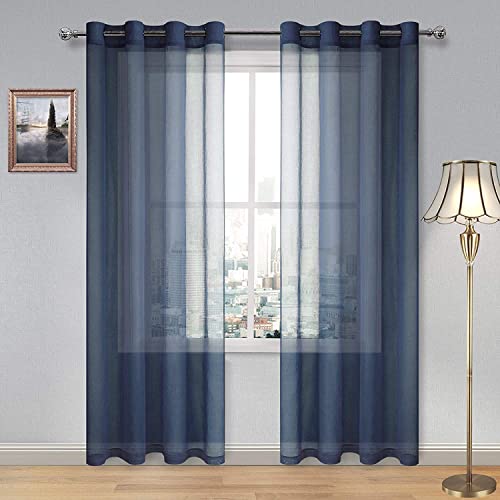 DWCN Navy Faux Linen Sheer Curtains - Grommet Voile Window Curtain Drapes for Bedroom Living Room 52 x 95 inch Length, Set of 2