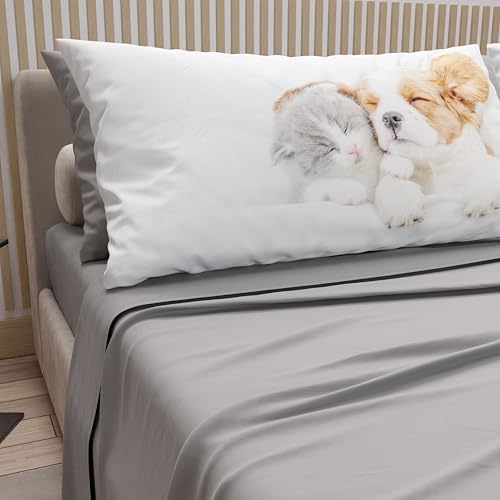 PETTI Artigiani Italiani - Bed Linen Animals with Cats and Dogs in Cotton with Pillowcases in Digital Print, Double Bedsheets, Light Grey Double Bed Set, 100% Made in Italy