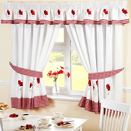 HomeSpace Direct Poppies Pencil Pleat Kitchen Pelmet 136 x 10 inch Embroidered Floral Gingham Checked, Polyester, Red, 136 x 10-Inch 12399210