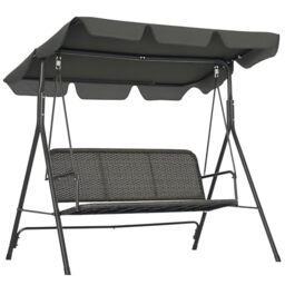 Outsunny 3-Seater Outdoor PE Rattan Swing Chair, Patio Wicker Hanging Swing Bench with Steel Frame Stand & Adjustable Canopy, Grey