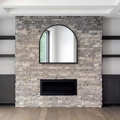 MirrorOutlet Arched Modern Black Large Arched Metal Modern Wall Mirror: 100 x 100cm - Suitable for Bedroom, Living Room, Dressing Room, and Living spaces.