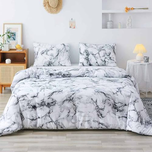 ETDIFFE White Black Marble Comforter Set Queen Size, 3pc - Gray Modern Neutral Bedding Set, All Season Lightweight Microfiber Down Alternative Bed Comforter, Grey