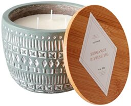 Paddywax Scented Candles Desert-Inspired Sonora Range Candle in Reusable Etched Concrete Pot with Wooden Lid, 283g - 3-Wick, Bergamot & Fresh Fig