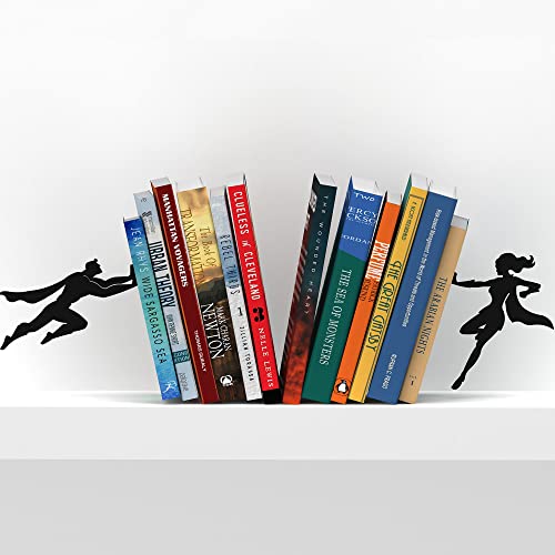 Artori Design Book Ends to Hold Books Heavy Duty Hidden Metal Bookends for Shelves Bookend Book Holder for Home Decorative Gift for Book End Lovers and Home D??cor (Supergal+Book&Hero)