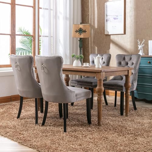Merax Dining Chairs Set of 4, Modern Upholstered Seating for Kitchen, Featuring Solid Wood Legs, Riveted Trim, Chrome Knocker Ring, High-end Tufted Design, Soft Velvet Upholstery, Grey
