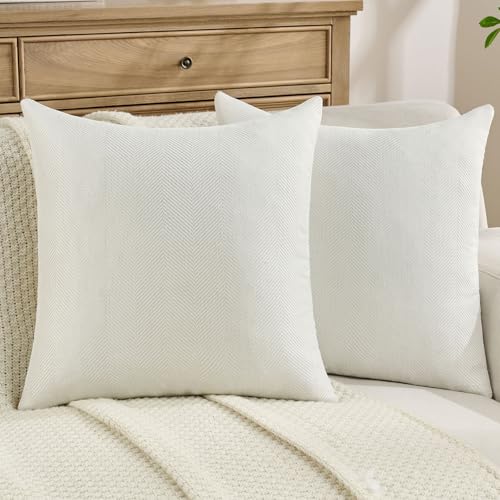 FUTEI Pack of 2 Chevron Chenille Throw Pillow Covers 16x16 Inch Soft Herringbone Textured Decorative Cushion Case Farmhouse Accent Pillows for Couch Bed Living Room, Cream White