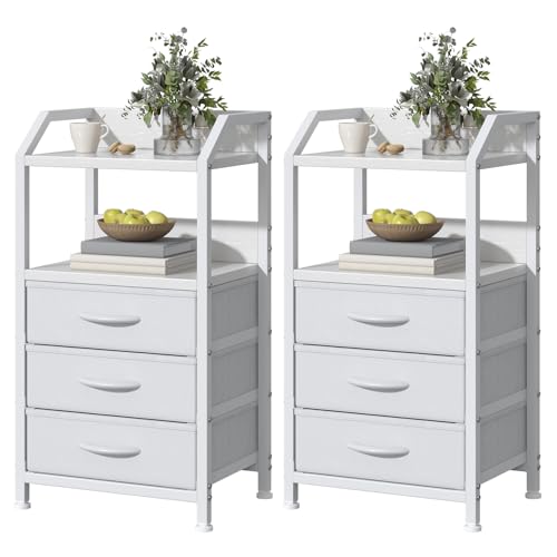 Feonase Set of 2 Bedside Table with 3 Fabric Drawers & Shelf, Nightstand for Bedroom, Living Room, Small Spaces – Metal Frame & Wooden Top, Sofa End Table with Storage for Home Décor,White
