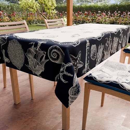 PETTI Artigiani Italiani - Stain Resistant Tablecloth Square 140x140 cm 4 Seats, Wipe Clean Microfibre Kitchen Table Cover, Nautical Navy Blue Design Marino 02, 100% Made in Italy