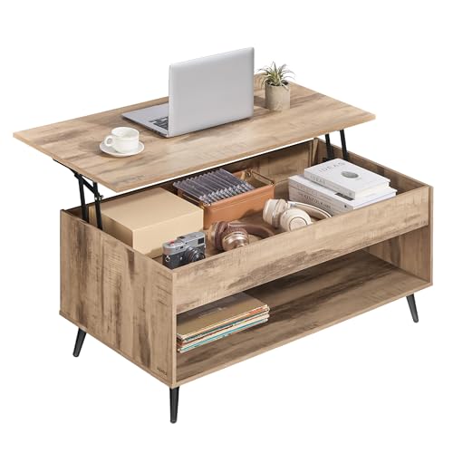 VASAGLE Lift Top Coffee Table, Lift Tabletop Dining Table, Gas Spring, Hidden Compartment, Open Storage Shelf, for Living Room, Home Office, Camel Brown and Matte Black LCT267LB01