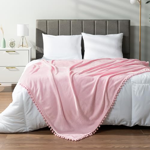 PAVILIA Light Pink Tassel Blanket for Twin Bed - Soft Fleece Fringe Blanket for Sofa, Bed, Couch - Cozy Decorative Throw, Warm Flannel and Velvet Plush Blanket, 60 x 80 inches