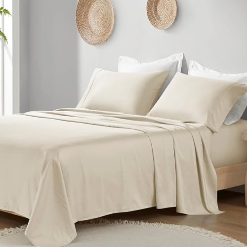Madison Park Organic Cotton Sheet Soft & Breathable 300TC Cotton Sheets, Elastic Deep Pocket Sheet Set Fits Up to 18'' Mattress, All Seasons, Lightweight, 100% Cotton Bed Sheets, Queen Taupe 4 Piece