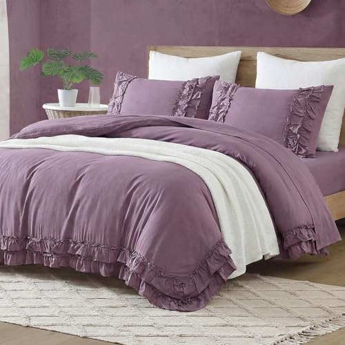 Bedorm Purple Ruffled Comforter Queen Boho Bedding Comforter Shabby Chic Ruffle Fringe Coquette Bedroom Decor Supr Soft Cozy Purple Quilt Comforter Set
