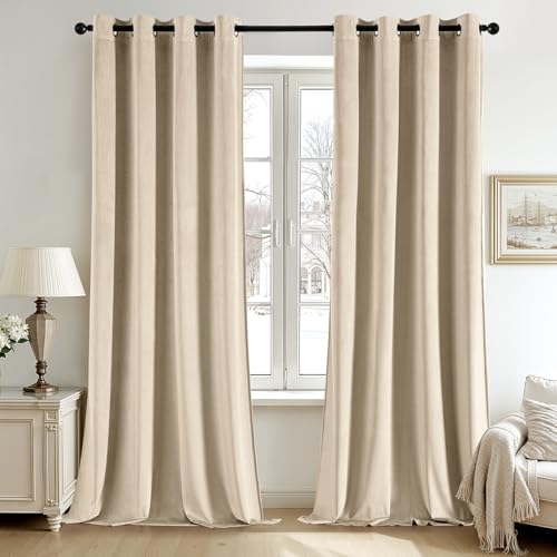 ANRODUO Beige Velvet Curtains 84 Inches Long Blackout Thermal Insulated Soundproof Curtain Privacy Room Darkening Curtains Grommet Window Drapes for Bedroom Living Room Set of 2