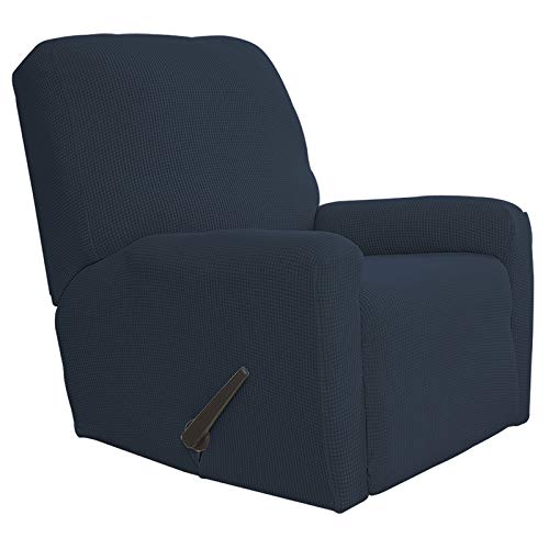Easy-Going Recliner Stretch Sofa Slipcover Sofa Cover 4-Pieces Furniture Protector Couch Soft with Elastic Bottom Kids, Spandex Jacquard Fabric Small Checks(Recliner,Dark Blue)
