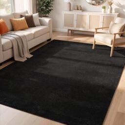 Rugs by Desire Comfy Washable Modern Living Room Rug Polyester Plain Indoor Area Rug with Low Pile - Anti-Slip Felt Backing SuperSoft Carpet Bedroom-Hallway, Black, 160x220 cm