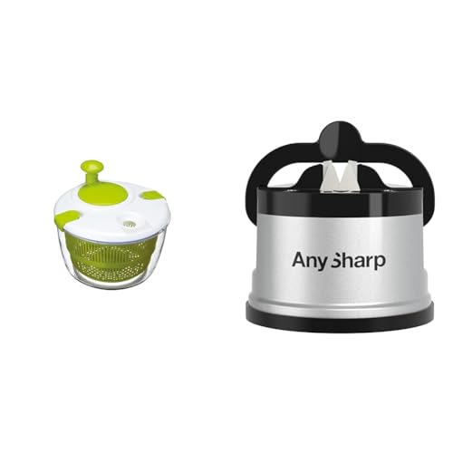 KitchenCraft Deluxe Salad Spinner and Dresser, BPA Plastic Free & AnySharp Knife Sharpener, Hands-Free Safety, PowerGrip Suction, Safely Sharpens All Kitchen Knives, Ideal for Hardened