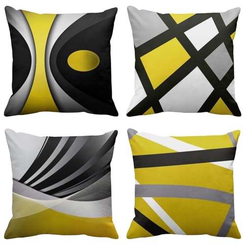 Emvency Set of 4 Yellow Throw Pillow Covers Modern Abstract Black Grey Stripes Gray White Acrylic Bold Decorative Pillow Cases Home Decor Square 16x16 Inches Pillowcases