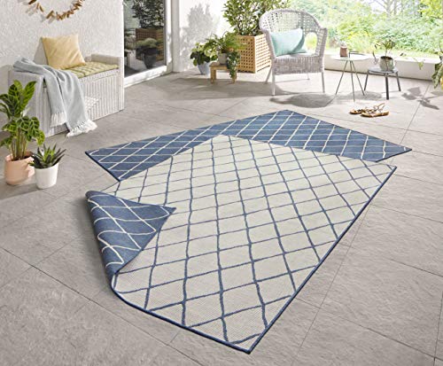 NORTHRUGS Malaga Indoor and Outdoor Rug 160 x 230 cm - Reversible Rug Weatherproof Modern Geometric Pattern for Balcony Patio Garden Conservatory Kitchen Living Room Rug Waterproof in Blue Cream