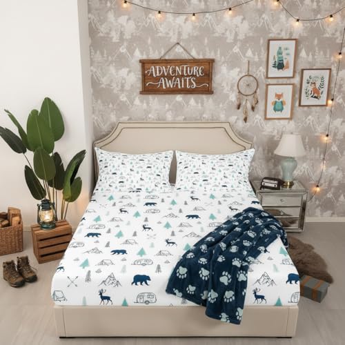 Bear Deer Print Fitted Sheet Queen Size,Camping and Hunting Adventure Theme Bedding Set Pine Tree Mountain Pattern Bed Sheets,Kids Teens Men Wild Animals Plants Deep Pocket Sheet,Blue White 3Pcs