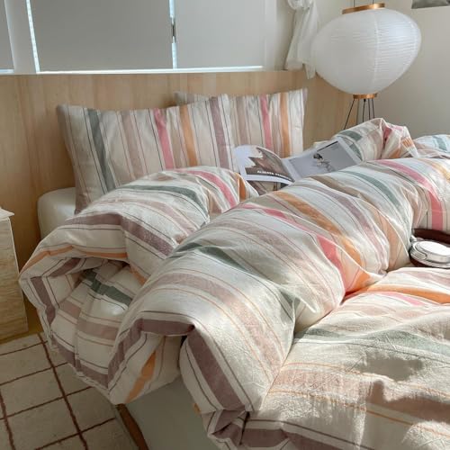 EAVD Reversible Striped Duvet Cover Queen Size Colorful Soft Washed Cotton Bedding Set Multi-Color Striped Bedding Set with 2 Pillowcases Modern Farmhouse Geometric Duvet Cover with Zipper